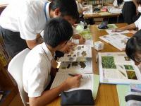 机上に教科書などを広げて学習している生徒達と、男の子に説明している男性の写真