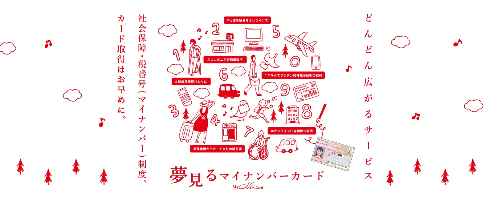社会保障・税番号（マイナンバー）制度、カード取得はお早めに。どんどん広がるサービス 夢見るマイナンバーカード MyNo.Card 1234567890 #健康保険証代わりに ＃コンビニで証明書取得 ＃行政手続きをオンラインで ＃スマホでワクチン接種電子証明の交付 ＃オンライン口座開設へ利用 ＃写真機からカード交付申請可能
